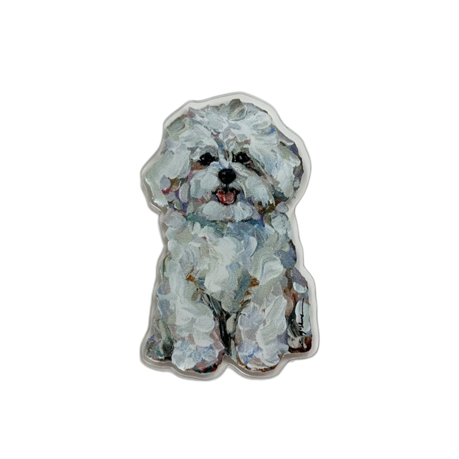 Bichon Frise dog acrylic magnet featuring original artwork by Chelsea McShane.
