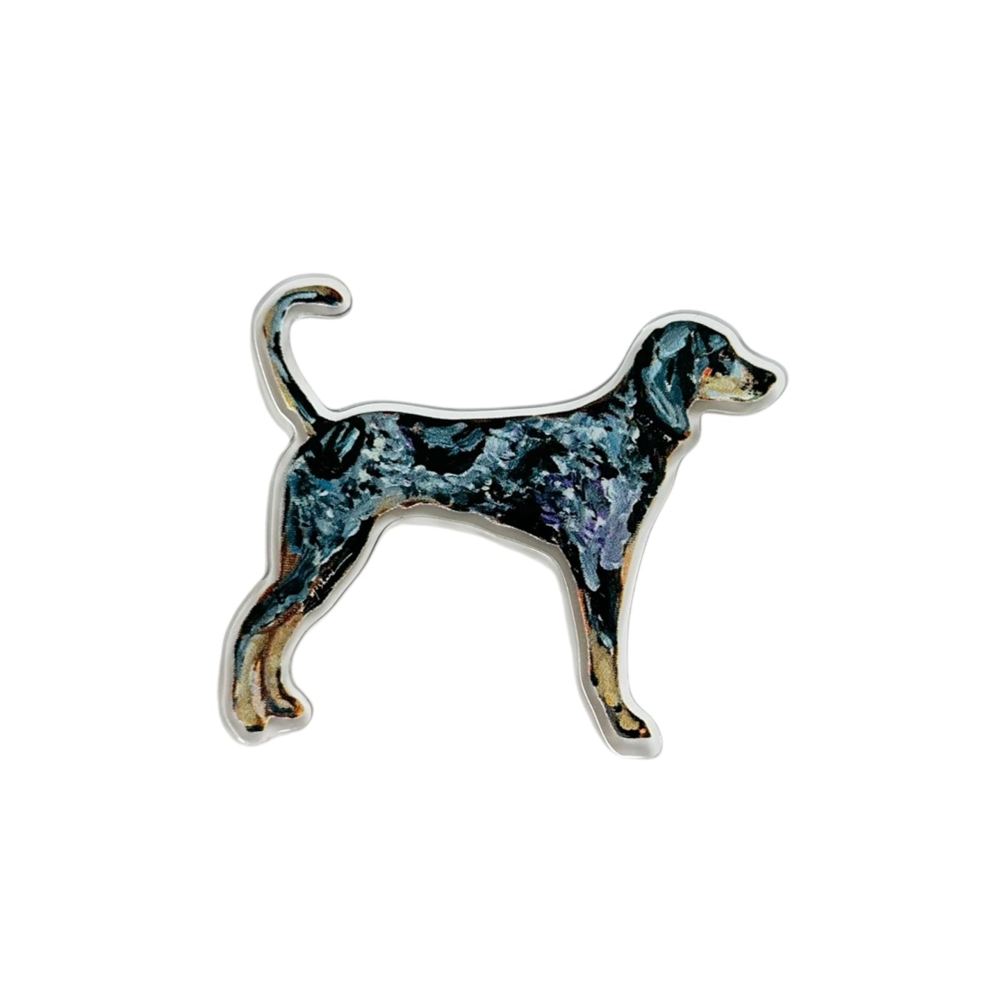 Bluetick Coonhound dog acrylic magnet featuring original artwork by Chelsea McShane.