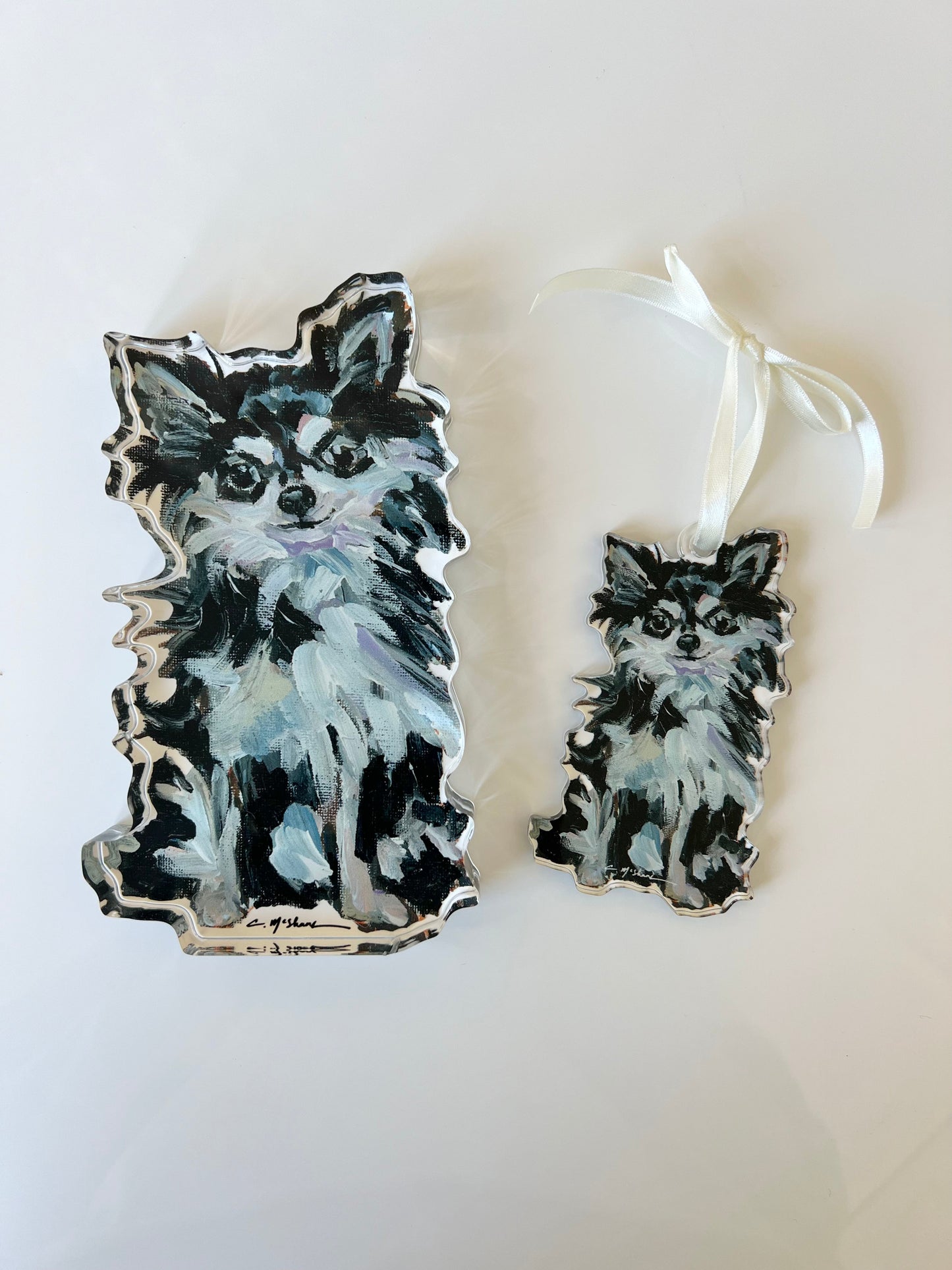 Black & White Chihuahua Long Hair Acrylic Dog Ornament