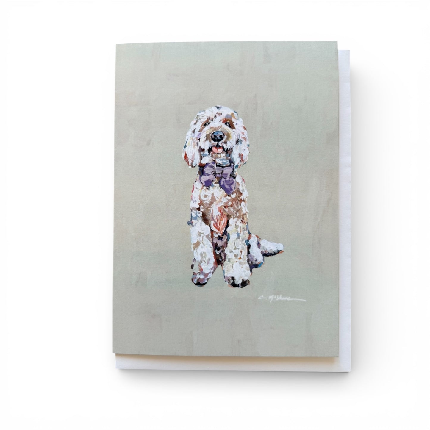 "Goldendoodle Light with Purple Bow" framable card