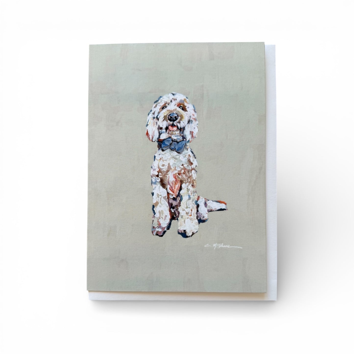 "Goldendoodle Light with Blue Bow" framable card