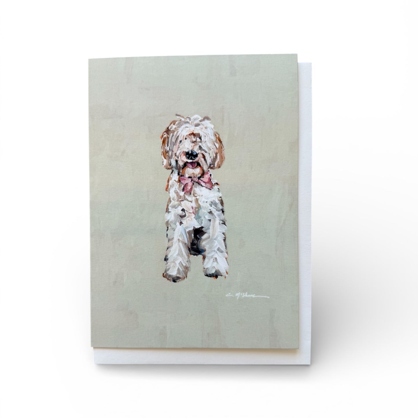 "Goldendoodle Light with Pink Bow" framable card