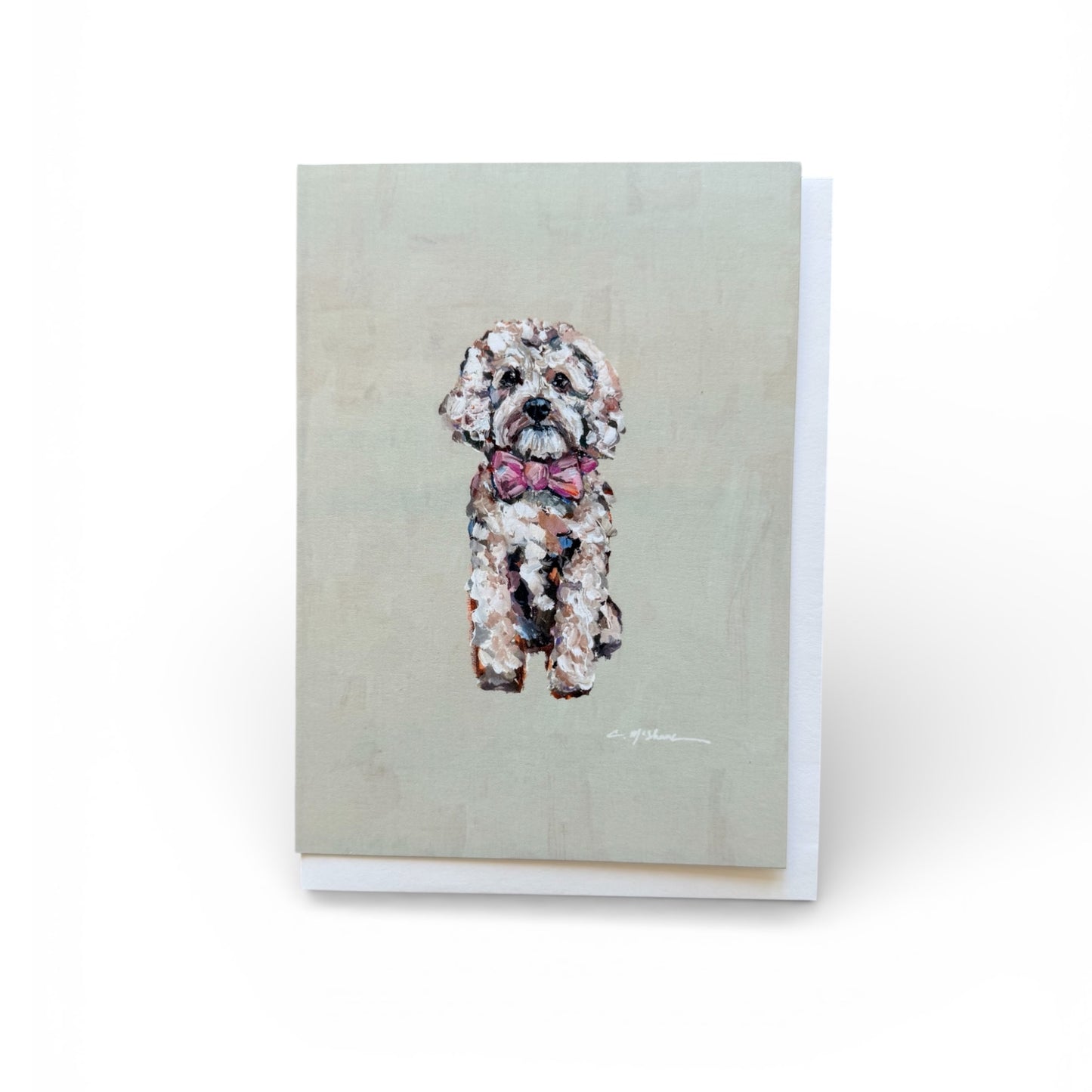 "Cavapoo Blonde with pink bow" framable card
