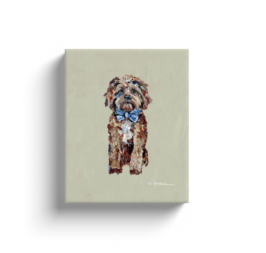 Red Cavapoo with Blue Bow Dog Canvas Print
