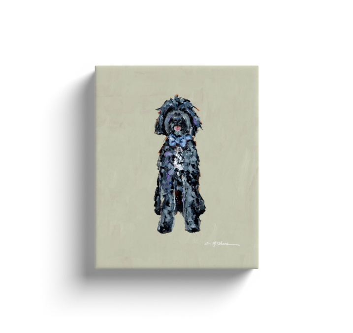 "Goldendoodle black with blue bow" canvas print