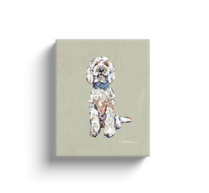 "Goldendoodle light with blue bow" canvas print
